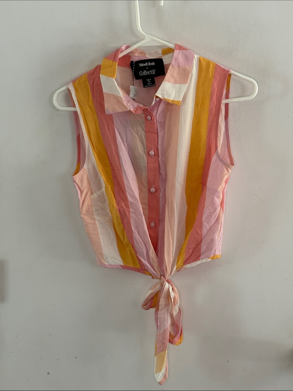 ModCloth x Collectif Clarabelle Peachy Stripe pink gold tie blouse  Size 4
